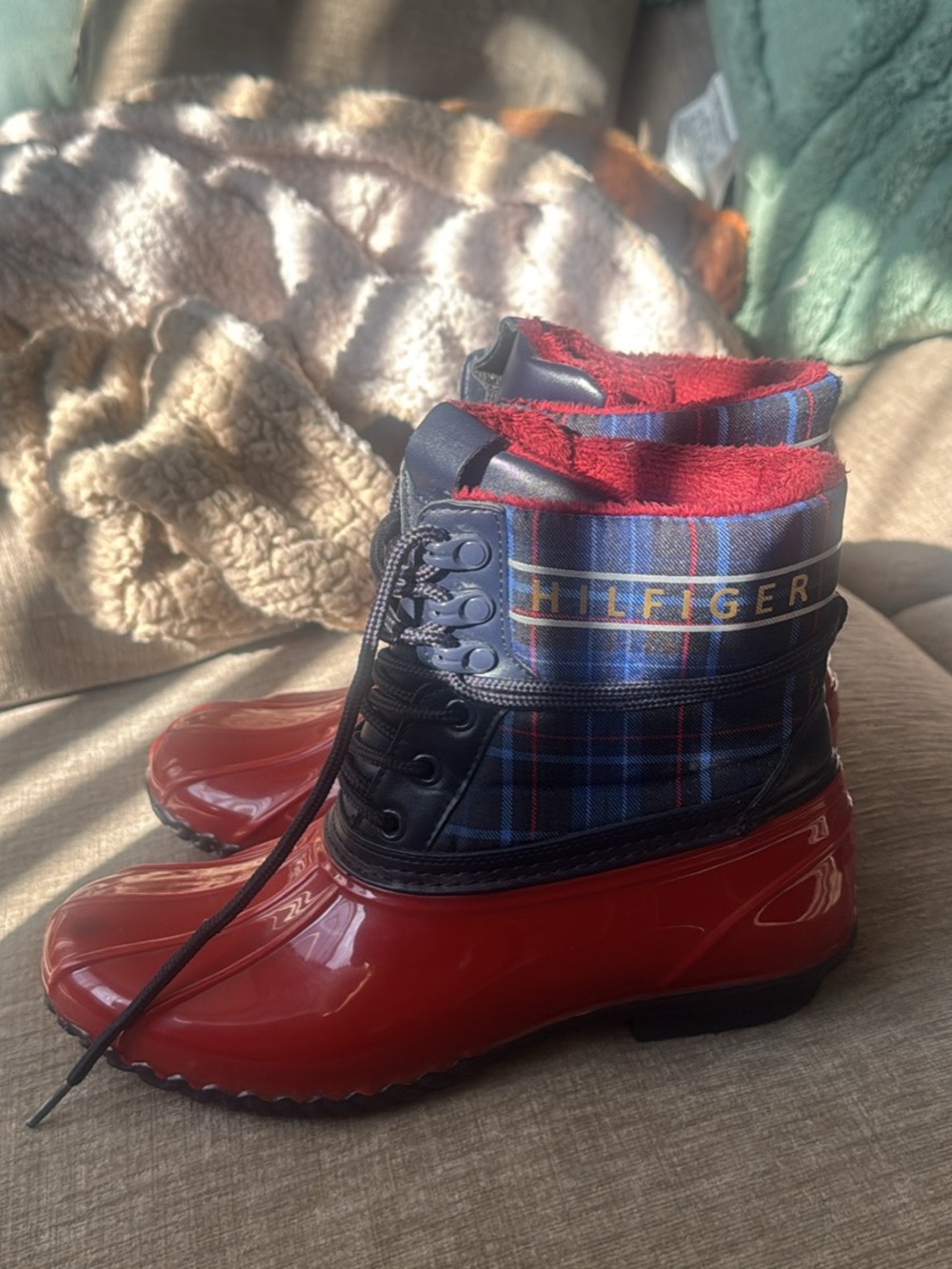 Tommy Hilfiger Red Patent & Navy Plaid Waterproof Winter Boots